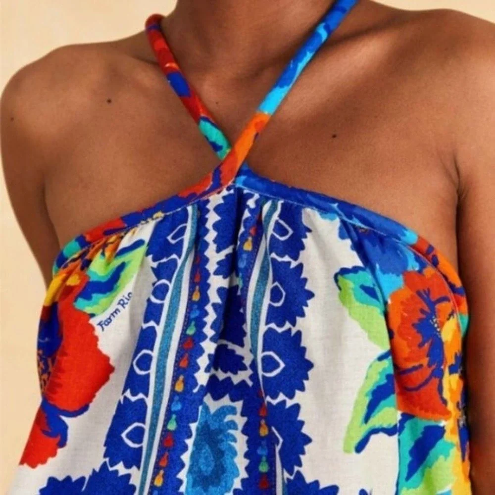 Farm Rio Tapestry Blue Red Mixed Floral Tile Print Halter Top Open Back | M - Picture 4 of 11